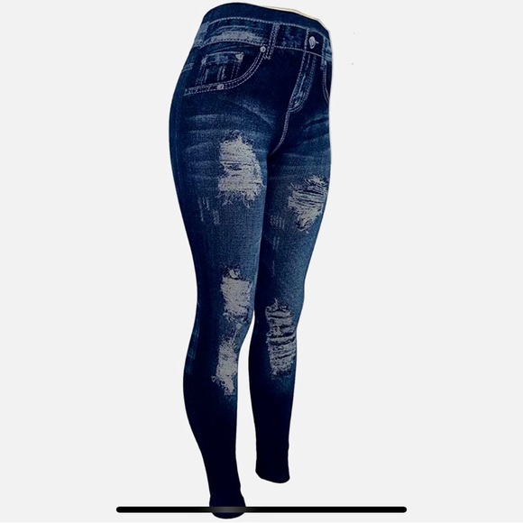 Pants - CLOYA Women's Denim Print Fake Jeans Seamless Fleece Lined Leggings, Full Length